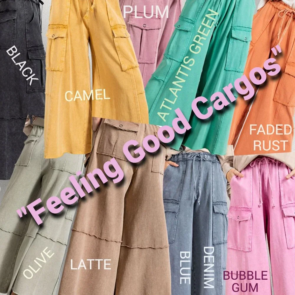 EASEL “Feeling Good Cargos” Mineral Washed Flared Leg, Raw Seams & Hems, Pockets - Picture 15 of 16